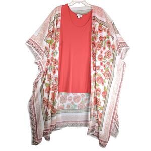 August Max Orange Tank with Sheer Floral Open Kimono Women's Plus Size 2X Korea